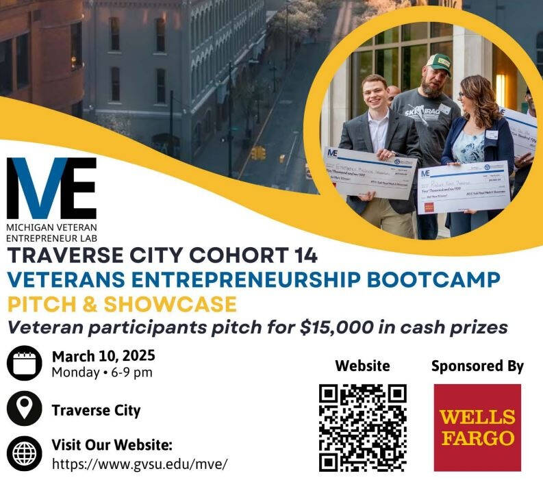 Promotional flyer for the Michigan Veteran Entrepreneur Lab event with event details, a street background image, and an inset photo of people with oversized checks.